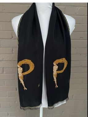 Erte Art Deco Nouveau Black & gold 100% Silk Scarf Mucha Aphrodite Letter P